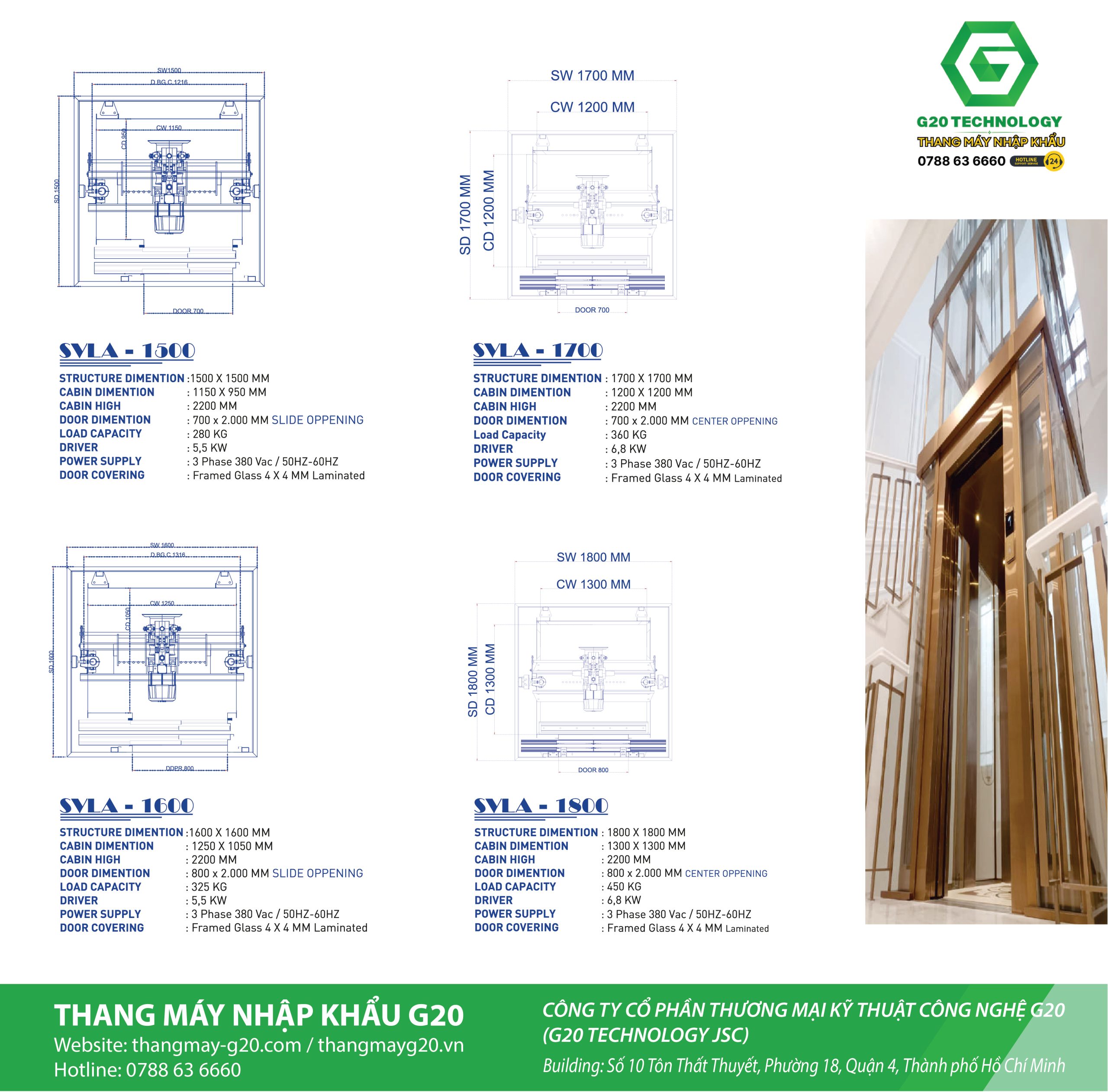 Các loại kích thước thang máy kính hình vuông cửa 2 cánh